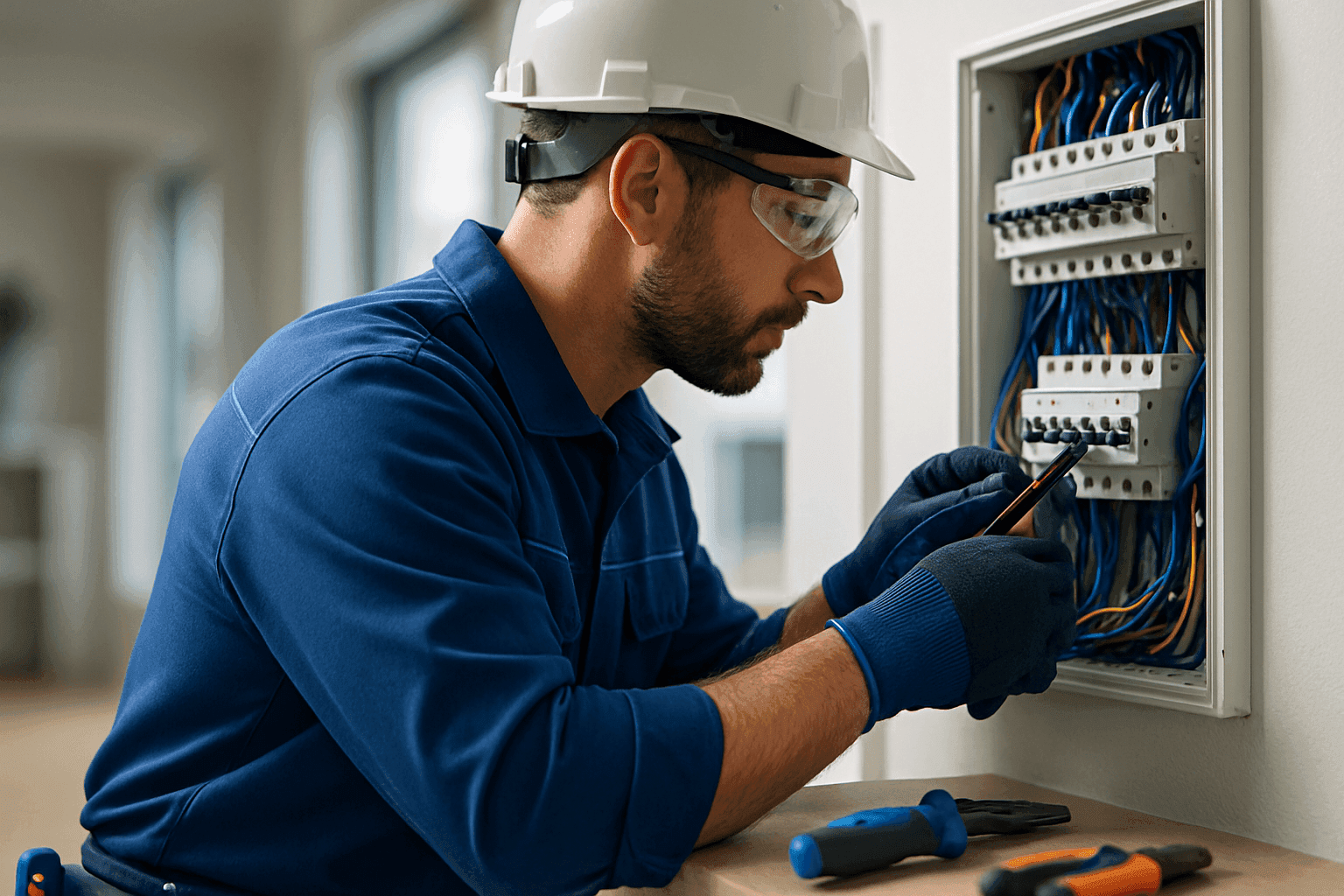 Professional electrician wearing safety gear working on electrical panels at clean residential or commercial site
