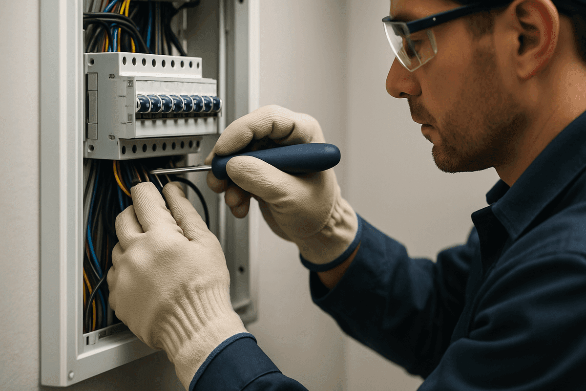 Close-up of electrician’s gloved hands connecting wires inside modern electrical panel with safety goggles