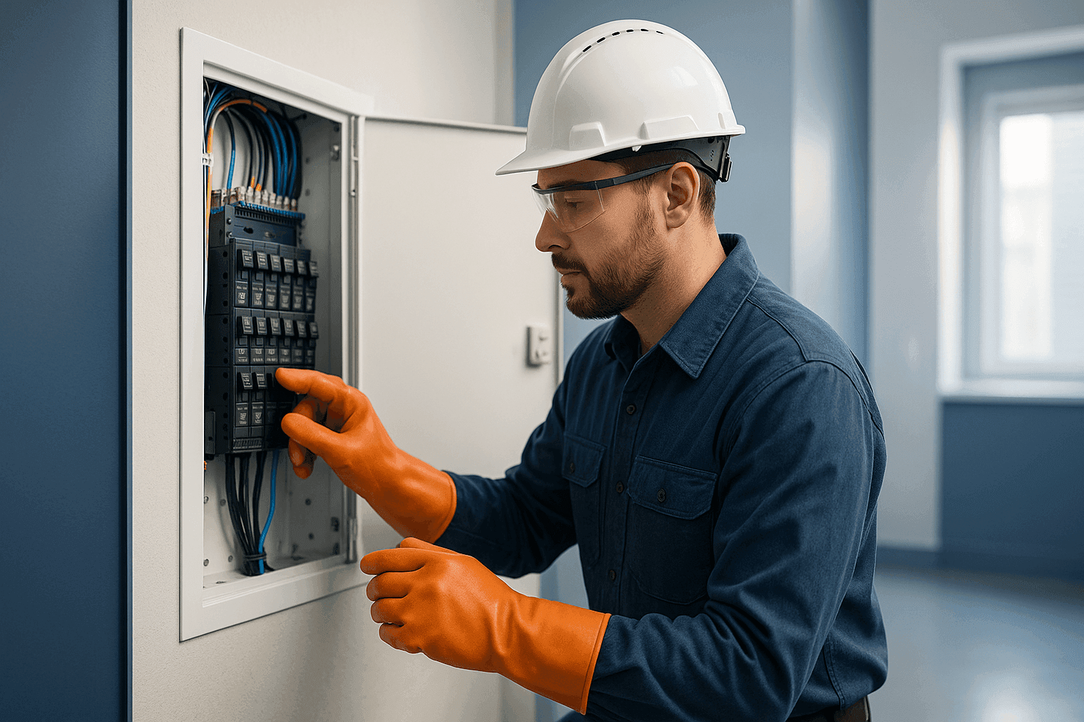 Electrician inspecting modern electrical breaker panel