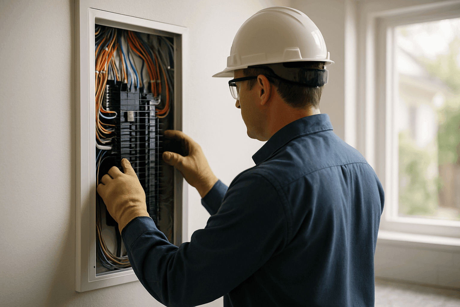 Electrician performing safety inspection on residential electrical panel
